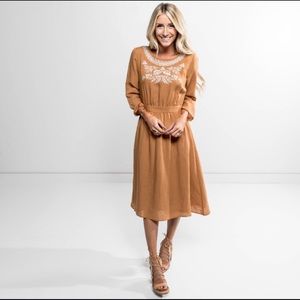 Mustard embroidered midi dress